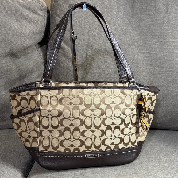 Coach Handbags - Coach Signature Canvas Tote in Khaki and Brown with Leather Trim